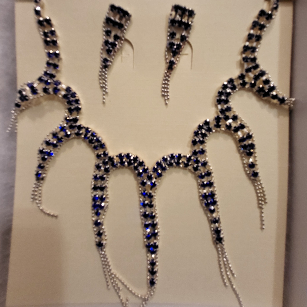 Classy Royal Blue and Silver Scalloped Necklace with Crystal Fringe